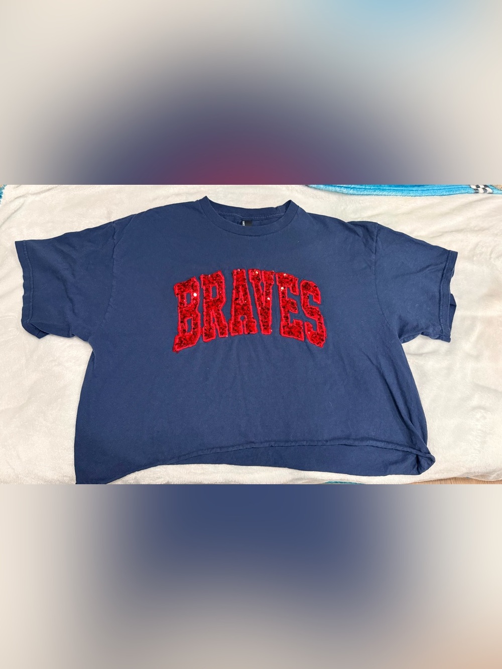 Port and Company Navy Crop Top with Red Sequin 'BRAVES' Lettering
